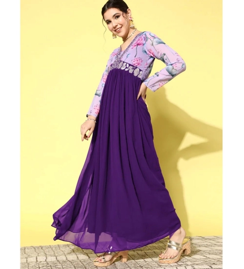Generic Women's Georgette Embroidery 3-4th Sleeve V-Neck Kurti (Purple)