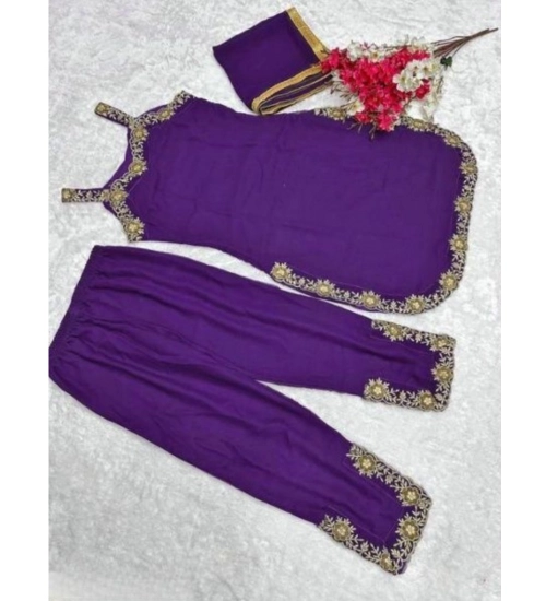 Generic Women's Georgette Embroidery Sleeveless Round Neck Kurti, Palazzo And Dupatta Set (Purple)