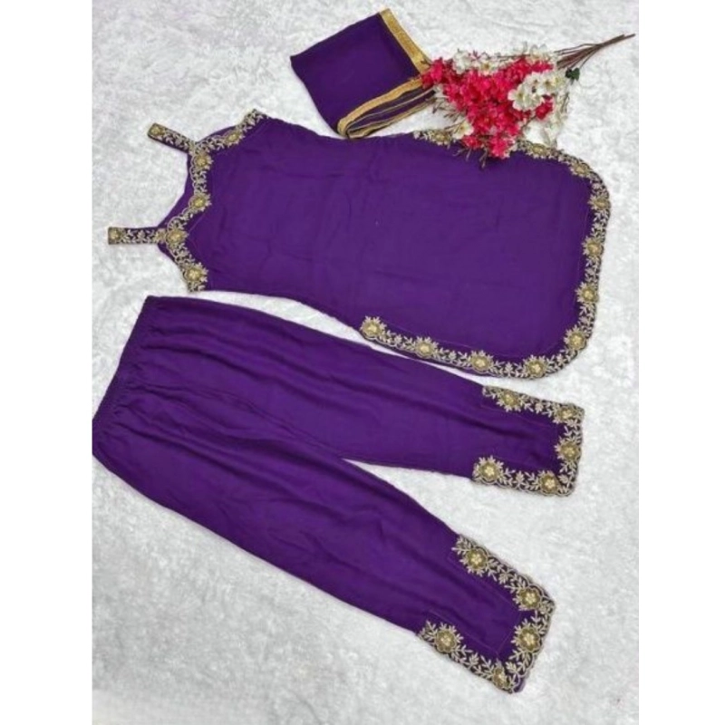 Women's Georgette Embroidery Sleeveless Round Neck Kurti, Palazzo And Dupatta Set (Purple) Women's Georgette Embroidery Sleeveless Round Neck Kurti, Palazzo And Dupatta Set (Purple)
