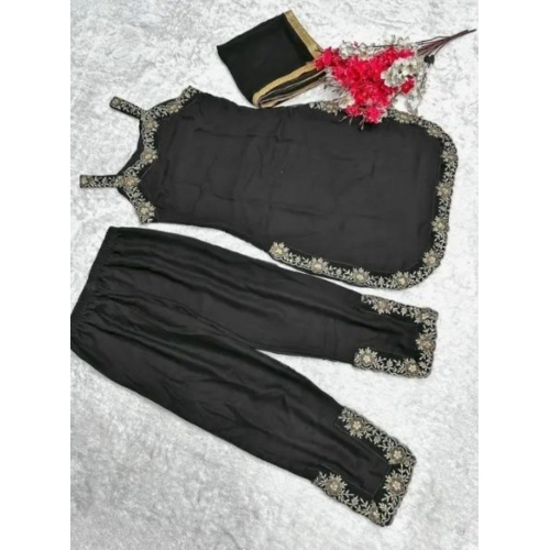 Women's Georgette Embroidery Sleeveless Round Neck Kurti, Palazzo And Dupatta Set (Black)