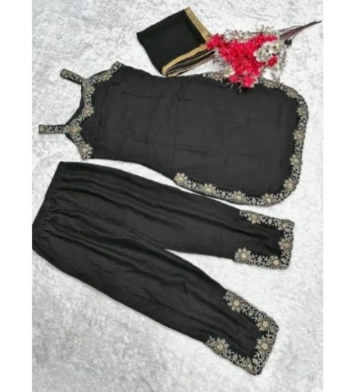Generic Women's Georgette Embroidery Sleeveless Round Neck Kurti, Palazzo And Dupatta Set (Black)