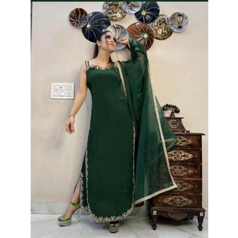 Generic Women's Georgette Embroidery Sleeveless Round Neck Kurti, Palazzo And Dupatta Set (Green) Generic Women's Georgette Embroidery Sleeveless Round Neck Kurti, Palazzo And Dupatta Set (Green)