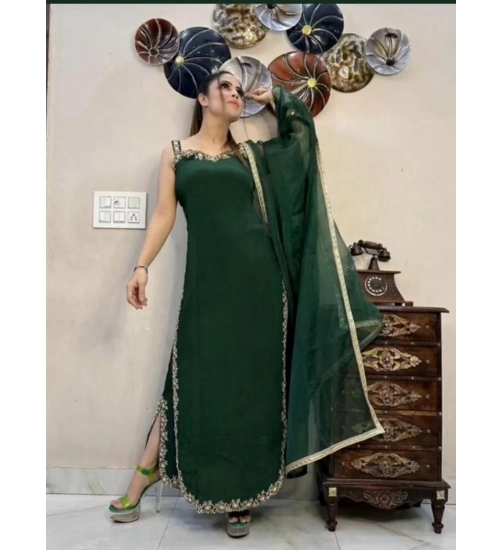 Generic Women's Georgette Embroidery Sleeveless Round Neck Kurti, Palazzo And Dupatta Set (Green)