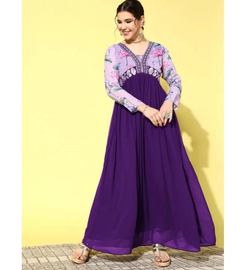 Generic Women's Georgette Embroidery 3-4th Sleeve V-Neck Kurti (Purple)