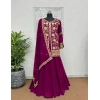 Generic Women's Georgette Embroidery 3-4th Sleeve V-Neck Kurti, Palazzo And Dupatta Set (Wine)
