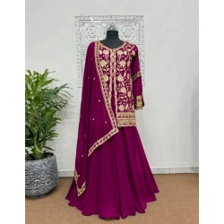 Women's Georgette Embroidery 3-4th Sleeve V-Neck Kurti, Palazzo And Dupatta Set (Wine)