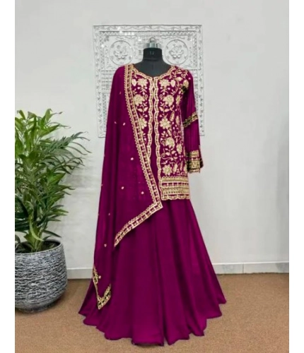 Generic Women's Georgette Embroidery 3-4th Sleeve V-Neck Kurti, Palazzo And Dupatta Set (Wine)