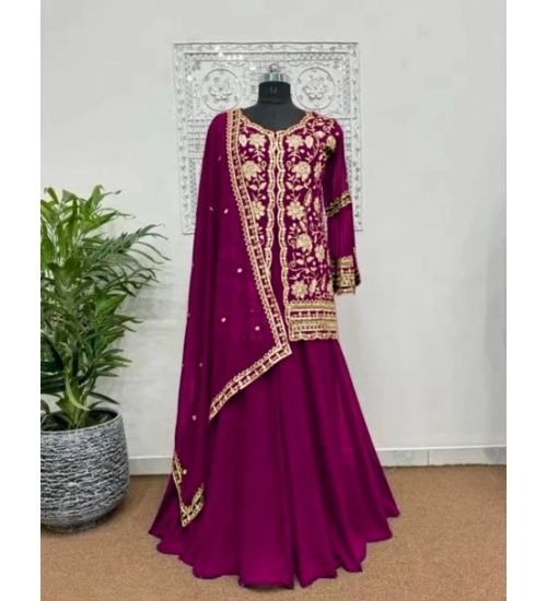 Generic Women's Georgette Embroidery 3-4th Sleeve V-Neck Kurti, Palazzo And Dupatta Set (Wine)