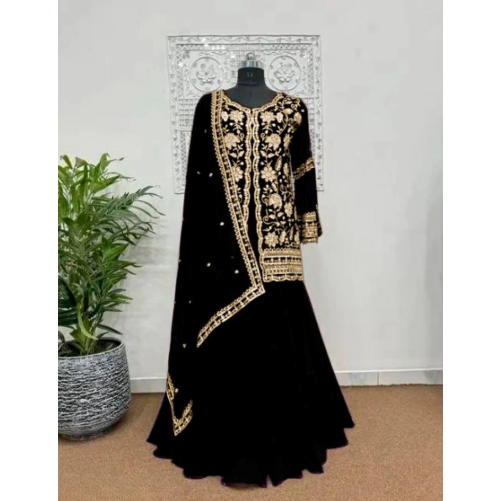 Generic Women's Georgette Embroidery 3-4th Sleeve V-Neck Kurti, Palazzo And Dupatta Set (Black) Generic Women's Georgette Embroidery 3-4th Sleeve V-Neck Kurti, Palazzo And Dupatta Set (Black)
