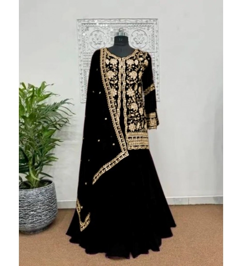Generic Women's Georgette Embroidery 3-4th Sleeve V-Neck Kurti, Palazzo And Dupatta Set (Black)