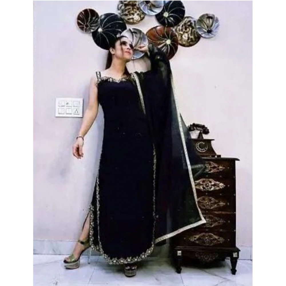 Generic Women's Georgette Embroidery Sleeveless Round Neck Kurti, Palazzo And Dupatta Set (Black) Generic Women's Georgette Embroidery Sleeveless Round Neck Kurti, Palazzo And Dupatta Set (Black)
