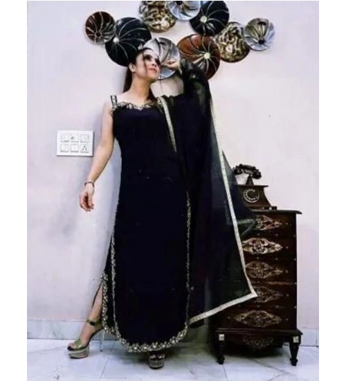 Generic Women's Georgette Embroidery Sleeveless Round Neck Kurti, Palazzo And Dupatta Set (Black)