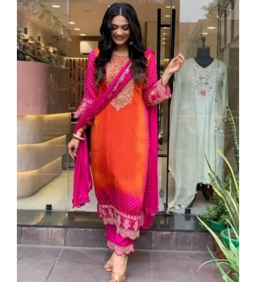 Generic Women's Roman Silk Embroidery 3-4th Sleeve Round Neck Kurti, Palazzo And Dupatta Set (Orange-Pink)