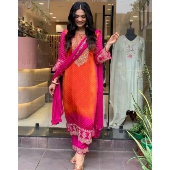 Generic Women's Roman Silk Embroidery 3-4th Sleeve Round Neck Kurti, Palazzo And Dupatta Set (Orange-Pink) Generic Women's Roman Silk Embroidery 3-4th Sleeve Round Neck Kurti, Palazzo And Dupatta Set (Orange-Pink)