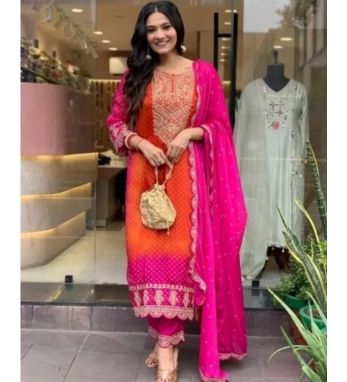 Generic Women's Roman Silk Embroidery 3-4th Sleeve Round Neck Kurti, Palazzo And Dupatta Set (Orange-Pink)