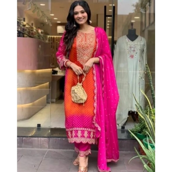 Generic Women's Roman Silk Embroidery 3-4th Sleeve Round Neck Kurti, Palazzo And Dupatta Set (Orange-Pink) Generic Women's Roman Silk Embroidery 3-4th Sleeve Round Neck Kurti, Palazzo And Dupatta Set (Orange-Pink)