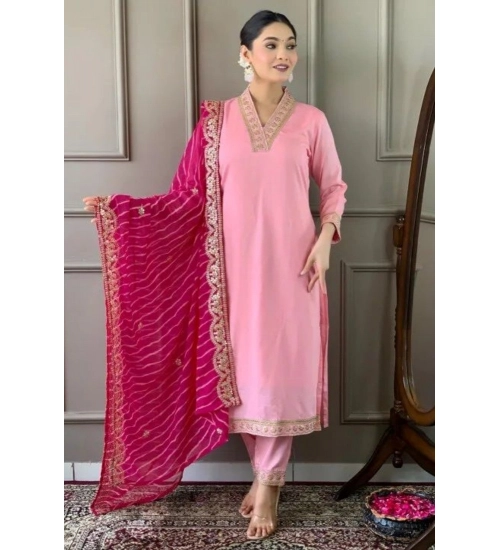 Generic Women's Roman Silk Embroidery 3-4th Sleeve V-Neck Kurti With Pant Dupatta Set (Pink)