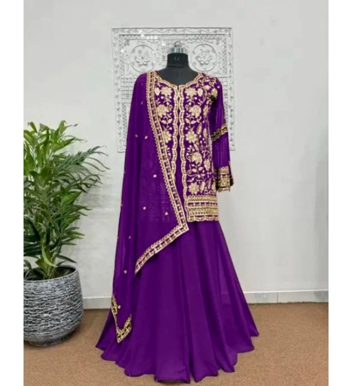 Generic Women's Georgette Embroidery 3-4th Sleeve V-Neck Kurti, Palazzo And Dupatta Set (Purple)
