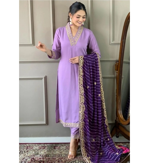 Generic Women's Roman Silk Embroidery 3-4th Sleeve V-Neck Kurti With Pant Dupatta Set (Lavender)