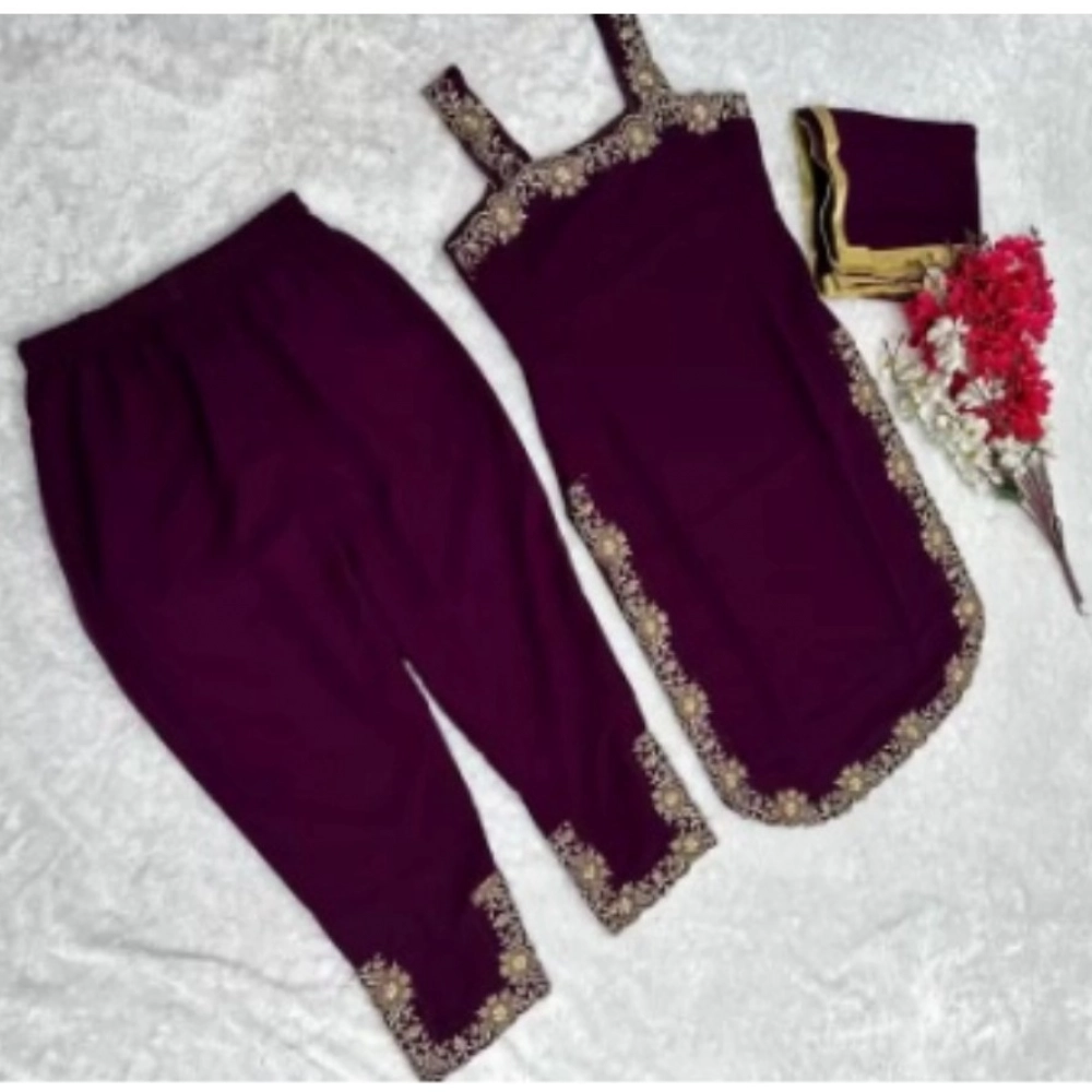 Generic Women's Georgette Embroidery Sleeveless Round Neck Kurti, Palazzo And Dupatta Set (Wine) Generic Women's Georgette Embroidery Sleeveless Round Neck Kurti, Palazzo And Dupatta Set (Wine)
