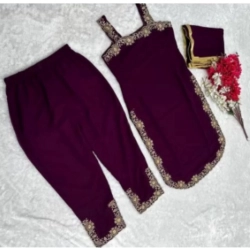 Women's Georgette Embroidery Sleeveless Round Neck Kurti, Palazzo And Dupatta Set (Wine) Women's Georgette Embroidery Sleeveless Round Neck Kurti, Palazzo And Dupatta Set (Wine)