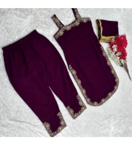 Generic Women's Georgette Embroidery Sleeveless Round Neck Kurti, Palazzo And Dupatta Set (Wine)