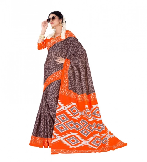 Generic Women's Soft Pure Cotton Printed Saree With Unstitched Blouse 5.5Mtr (Orange)