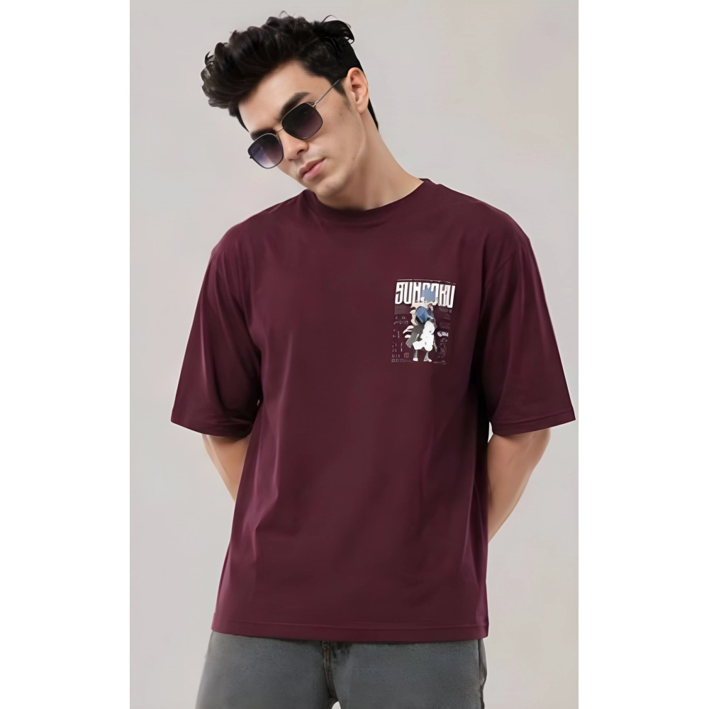 Generic Men's Cotton Blend Printed Oversized Round Neck Half Sleeve T-Shirt (Wine)