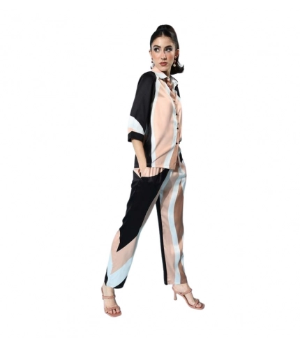 Generic Women's Satin Colour Block Long Sleeves Co-Ord Set (Beige - Black)