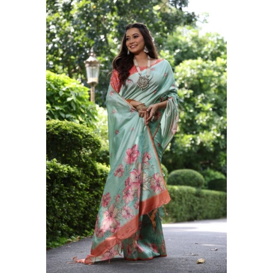 Generic Women's Faux_Tussar Floral_Print Saree With Unstitched Blouse 5.5Mtr (Dark_Green) Generic Women's Faux_Tussar Floral_Print Saree With Unstitched Blouse 5.5Mtr (Dark_Green)