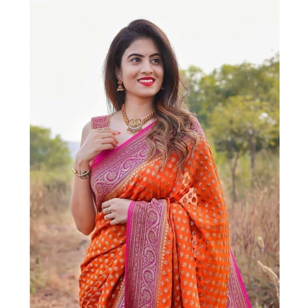Generic Women's Soft Litchi Silk Jacquard Work Saree With Unstitched Blouse 5.5Mtr (Orange) Generic Women's Soft Litchi Silk Jacquard Work Saree With Unstitched Blouse 5.5Mtr (Orange)