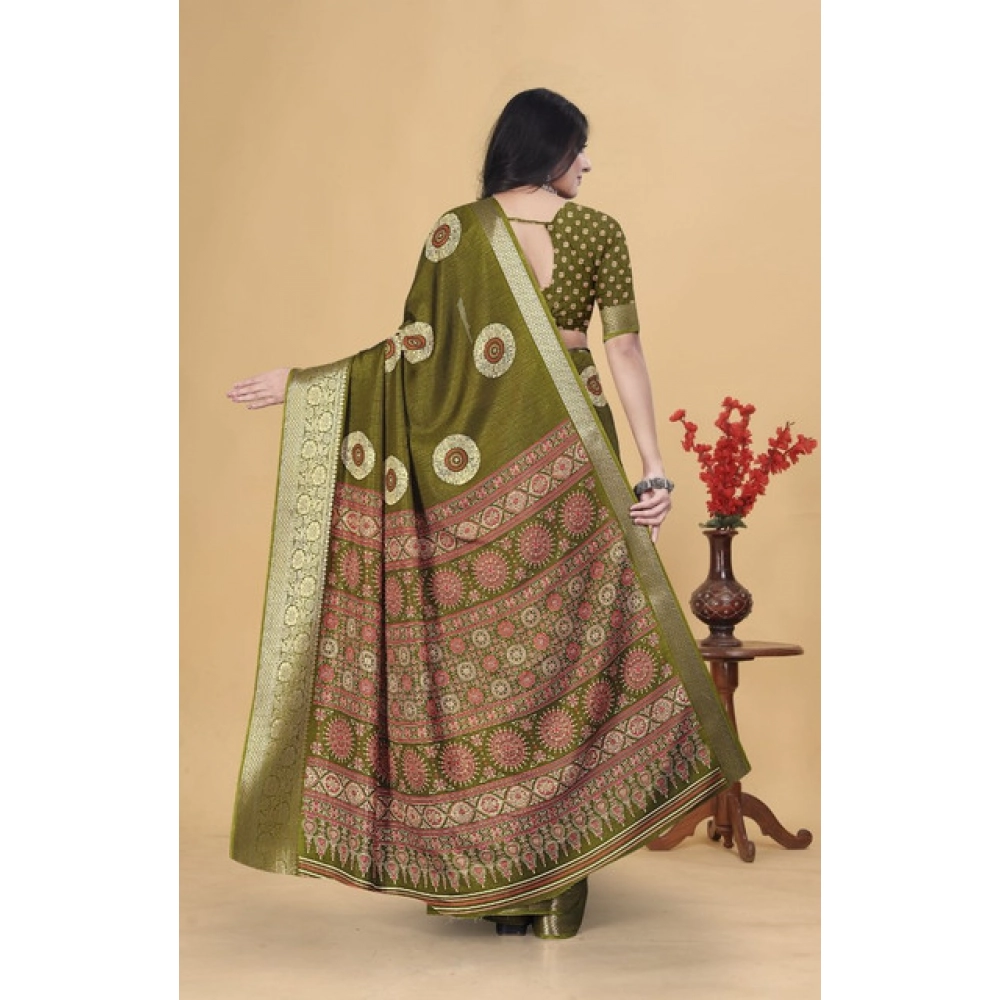 Women's Art Silk Printed Saree With Unstitched Blouse 5.5Mtr (Mehendi)