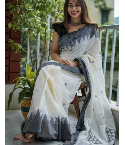 Generic Women's Soft Lilan Printed Saree With Unstitched Blouse 5.5Mtr (White-Black)