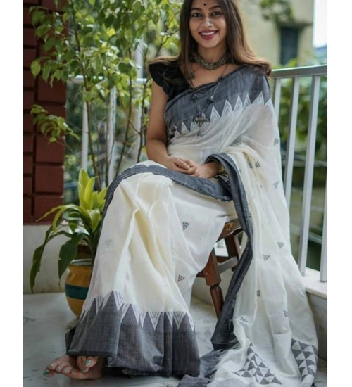 Generic Women's Soft Lilan Printed Saree With Unstitched Blouse 5.5Mtr (White-Black)