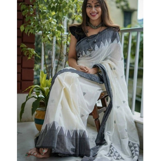 Generic Women's Soft Lilan Printed Saree With Unstitched Blouse 5.5Mtr (White-Black)