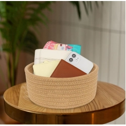 Generic Cotton 8x3 Inch Round 1 Pcs Bedside Organizer With Out Lid (Beige)
