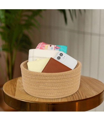 Generic Cotton 8x3 Inch Round 1 Pcs Bedside Organizer With Out Lid (Beige)