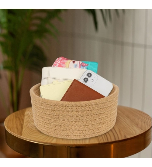 Generic Cotton 8x3 Inch Round 1 Pcs Bedside Organizer With Out Lid (Beige)