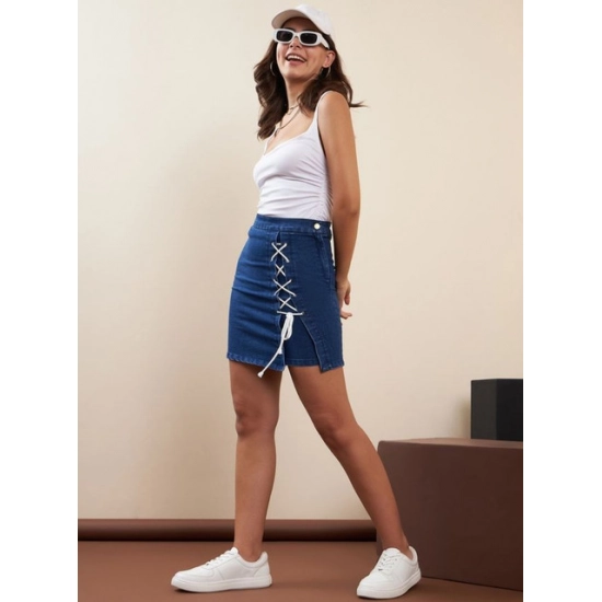 Generic Women's Denim Lycra Solid Button Skirt (Blue) Generic Women's Denim Lycra Solid Button Skirt (Blue)