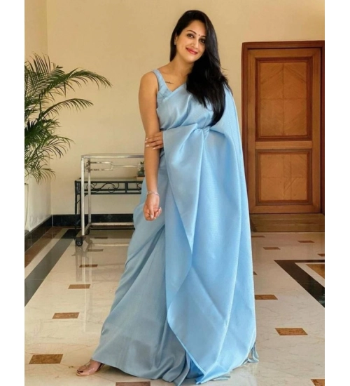 Generic Women's Litchi silk Printed Saree With Unstitched Blouse (Light Blue)