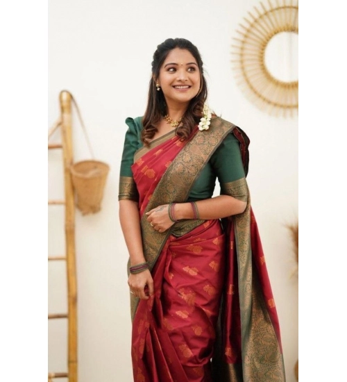 Generic Women's Litchi silk Printed Saree With Unstitched Blouse (Red)