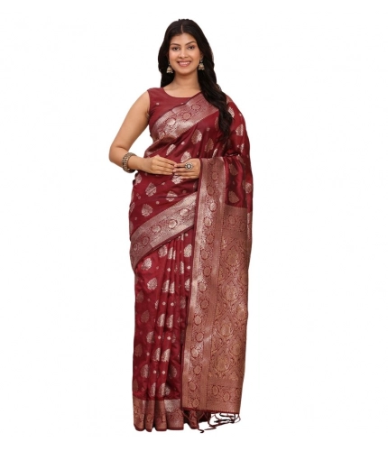 Generic Women's Banarasi Silk Printed Saree With Unstitched Blouse 5.5Mtr (Maroon)
