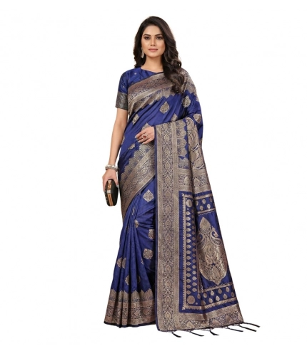 Generic Women's Silk Blend Printed Saree With Unstitched Blouse 5.5Mtr (Navy Blue)