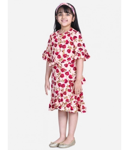 Generic Girl's Polyester Crepe Floral Bell Sleeve Dress (Red-Pink)