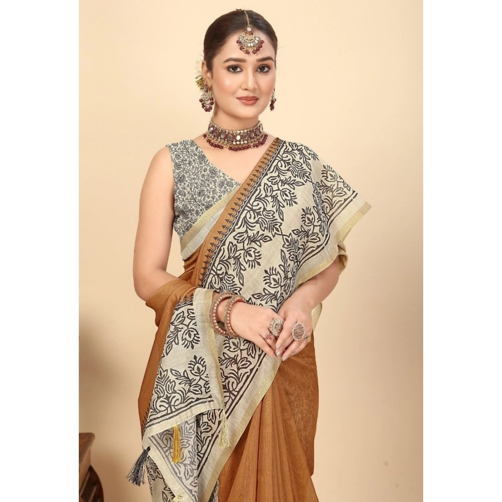 Women’s Chanderi Printed Saree With Unstitched Blouse 5.5Mtr (Brown)