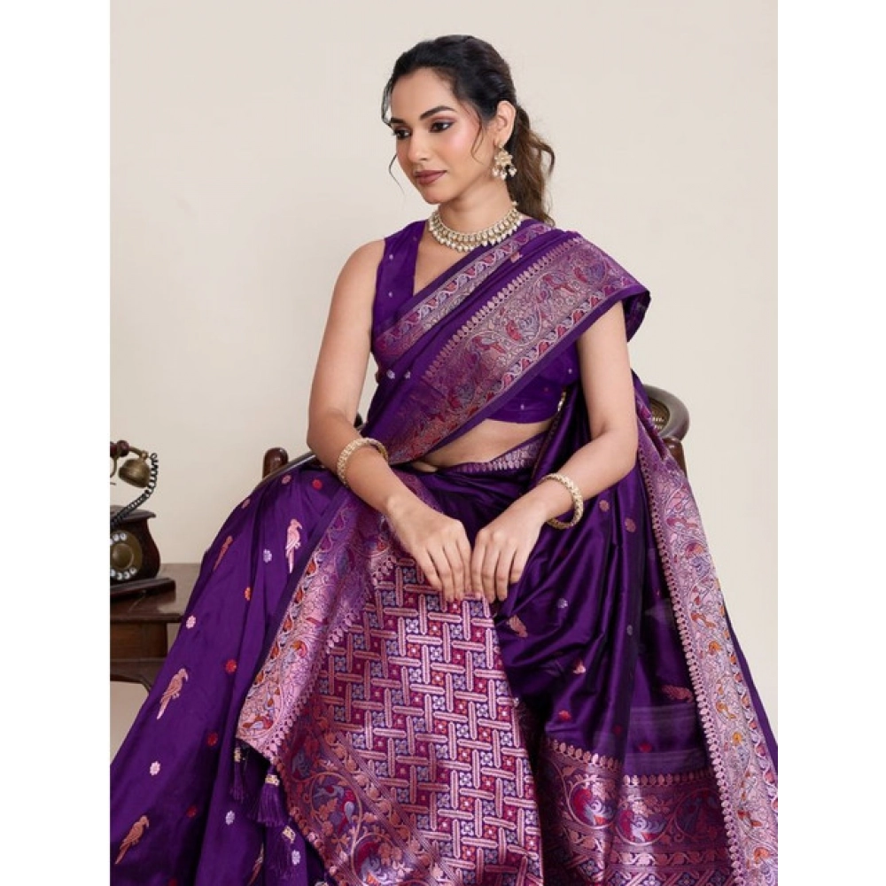 Generic Women's Jacquard Woven Saree With Unstitched Blouse 5.5Mtr (Purple)