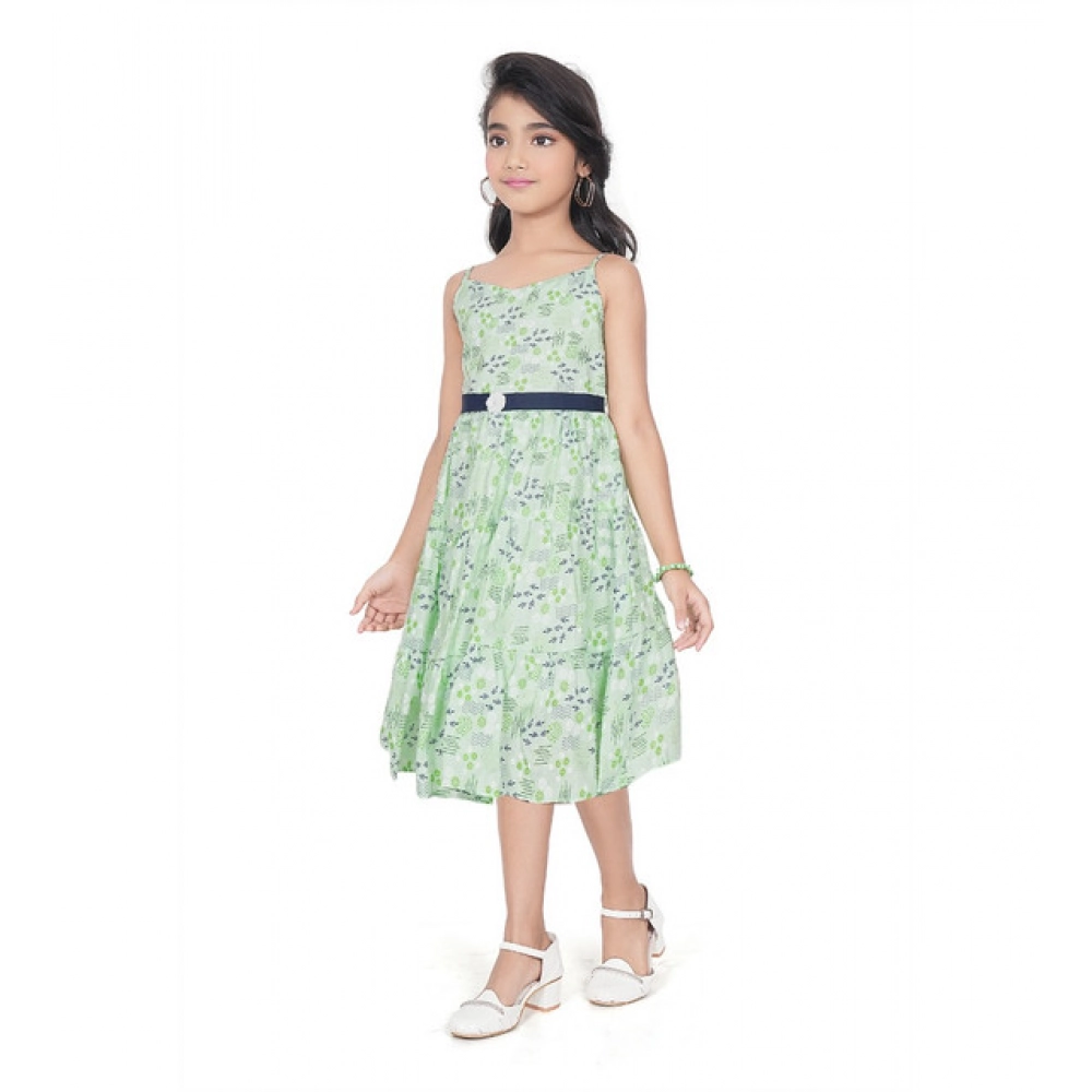 Generic Girl's Cotton Slub Printed Sleeve Less Round Neck Dress (Sea Green)