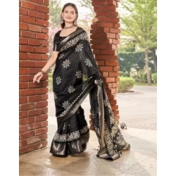 Generic Women's Cotton Silk Printed Saree With Unstitched Blouse 5.5Mtr (Black)