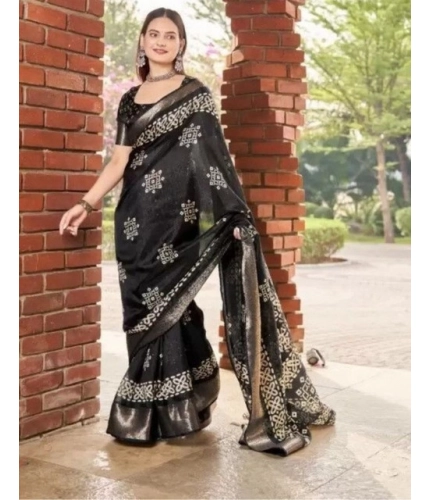 Generic Women's Cotton Silk Printed Saree With Unstitched Blouse 5.5Mtr (Black)