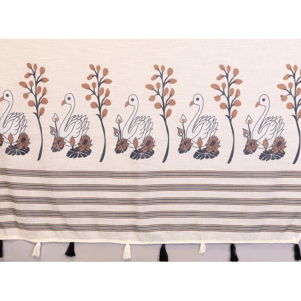 Generic Women's Linen Cotton Printed Saree With Unstitched Blouse 5.5Mtr (Off White)